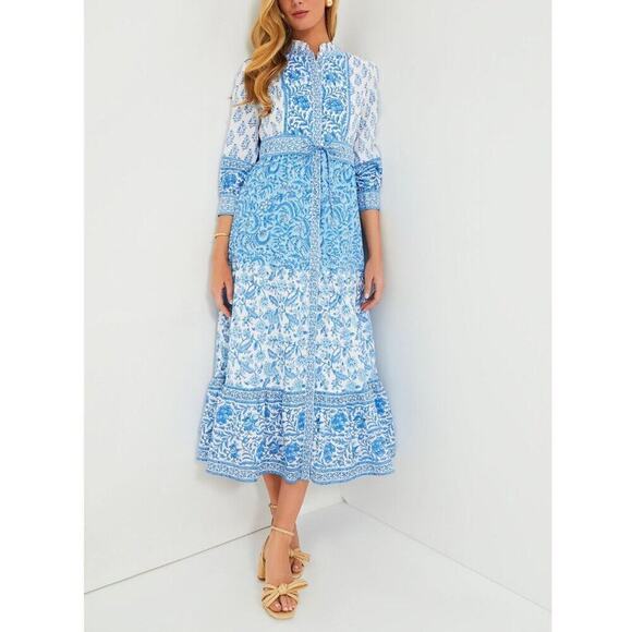 Pink City Prints Tuckernuck Blue Ocean Mix Gemma Block Print Midi Shirt Dress - Picture 3 of 16